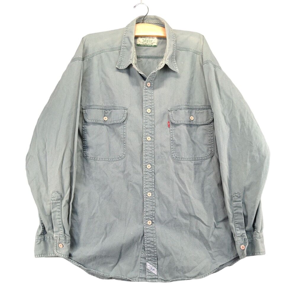 Vintage Levi's Button Up Shirt Mens XL Gray Long Sleeve Pockets Logo
